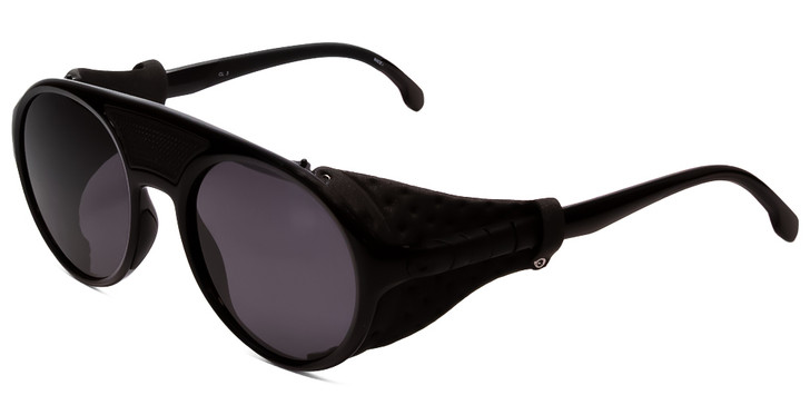 Profile View of Carrera Hyperfit Designer Sunglasses in Black Gray Leather Side Shield/Grey 54mm