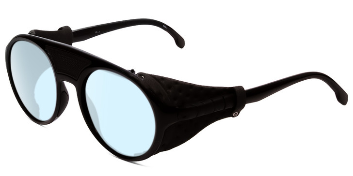 Profile View of Carrera Hyperfit Designer Blue Light Blocking Eyeglasses in Black Gray Leather Side Shield Unisex Square Full Rim Acetate 54 mm