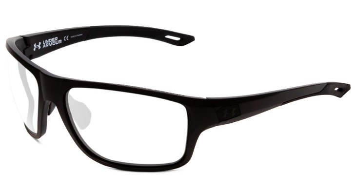 Profile View of Under Armour Battle Designer Reading Eye Glasses with Custom Cut Powered Lenses in Matte Black Mens Wrap Full Rim Acetate 65 mm