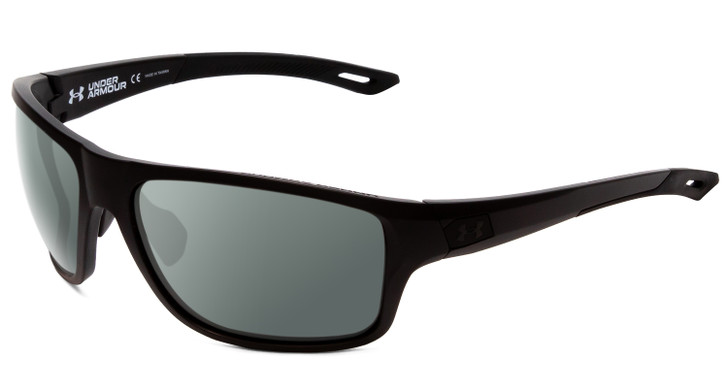 Profile View of Under Armour Battle Designer Polarized Sunglasses with Custom Cut Smoke Grey Lenses in Matte Black Mens Wrap Full Rim Acetate 65 mm