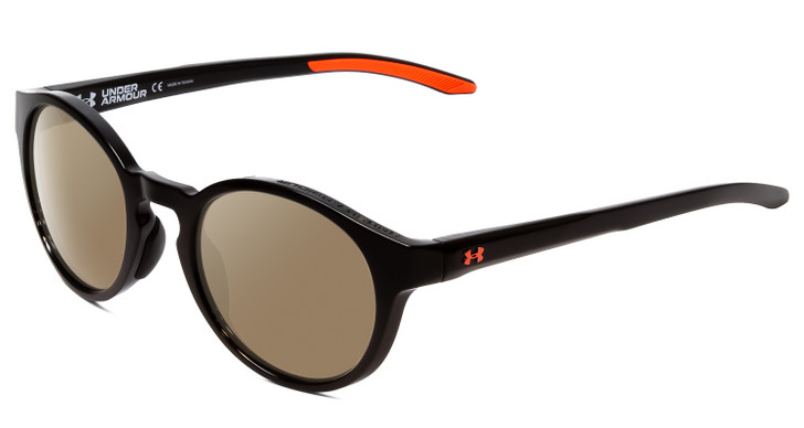 Profile View of Under Armour Infinity Designer Polarized Sunglasses with Custom Cut Amber Brown Lenses in Gloss Black Coral Pink Unisex Round Full Rim Acetate 52 mm