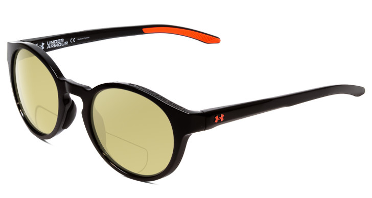 Profile View of Under Armour Infinity Designer Polarized Reading Sunglasses with Custom Cut Powered Sun Flower Yellow Lenses in Gloss Black Coral Pink Unisex Round Full Rim Acetate 52 mm