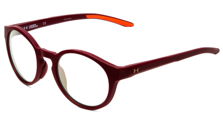 Profile View of Under Armour Infinity Designer Bi-Focal Prescription Rx Eyeglasses in Burgundy Red Unisex Round Full Rim Acetate 52 mm