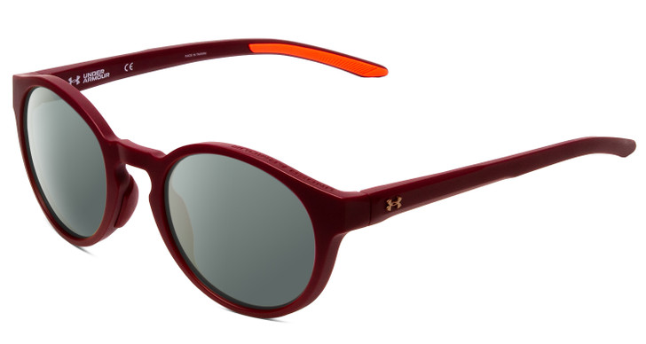 Profile View of Under Armour Infinity Designer Polarized Sunglasses with Custom Cut Smoke Grey Lenses in Burgundy Red Unisex Round Full Rim Acetate 52 mm