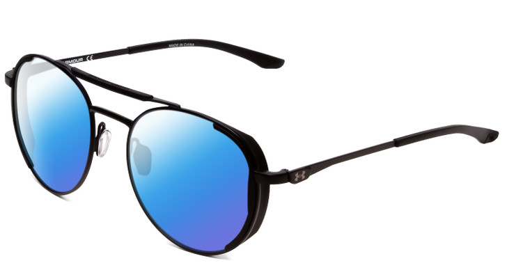 Profile View of Under Armour Instinct Pursuit Designer Polarized Sunglasses with Custom Cut Blue Mirror Lenses in Matte Black Unisex Round Full Rim Metal 55 mm