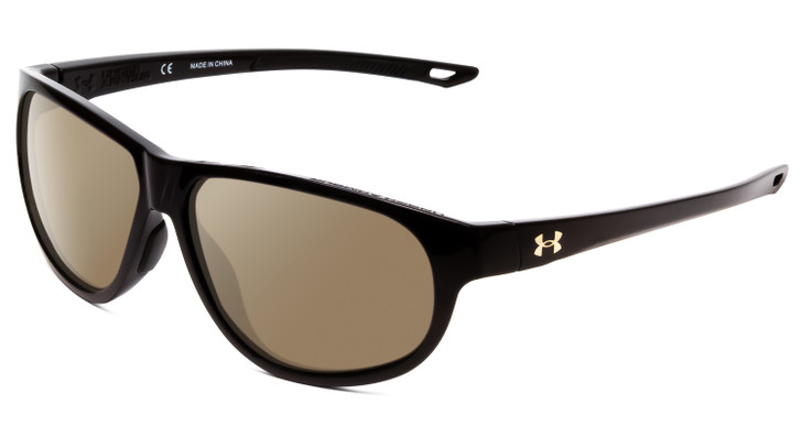 Profile View of Under Armour Intensity Designer Polarized Sunglasses with Custom Cut Amber Brown Lenses in Gloss Black Ladies Oval Full Rim Acetate 59 mm