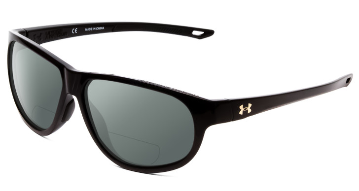 Profile View of Under Armour Intensity Designer Polarized Reading Sunglasses with Custom Cut Powered Smoke Grey Lenses in Gloss Black Ladies Oval Full Rim Acetate 59 mm