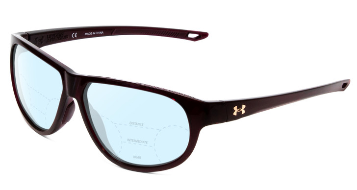 Profile View of Under Armour Intensity Designer Progressive Lens Blue Light Blocking Eyeglasses in Red Crystal Ladies Oval Full Rim Acetate 59 mm with Blue Light Zone functionality illustration laid over the lens