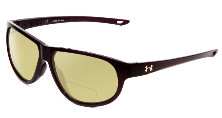 Profile View of Under Armour Intensity Designer Polarized Reading Sunglasses with Custom Cut Powered Sun Flower Yellow Lenses in Red Crystal Ladies Oval Full Rim Acetate 59 mm