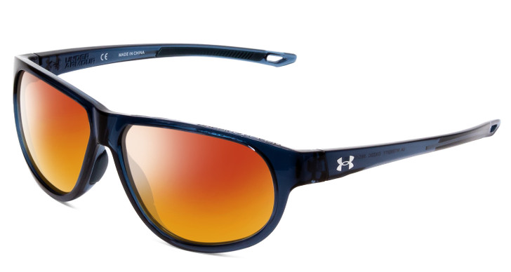 Profile View of Under Armour Intensity Designer Polarized Sunglasses with Custom Cut Red Mirror Lenses in Matte Steel Blue Crystal Ladies Oval Full Rim Acetate 59 mm
