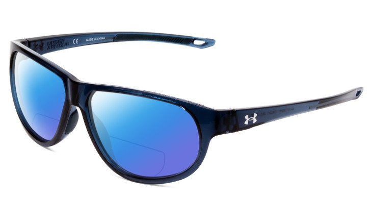 Profile View of Under Armour Intensity Designer Polarized Reading Sunglasses with Custom Cut Powered Blue Mirror Lenses in Matte Steel Blue Crystal Ladies Oval Full Rim Acetate 59 mm