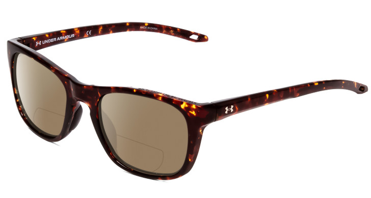 Profile View of Under Armour Raid Designer Polarized Reading Sunglasses with Custom Cut Powered Amber Brown Lenses in Havana Tortoise Brown Gold Unisex Classic Full Rim Acetate 55 mm