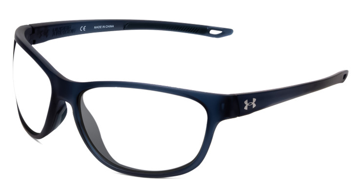 Profile View of Under Armour Undeniable Designer Reading Eye Glasses in Matte Steel Blue Crystal Unisex Oval Full Rim Acetate 61 mm