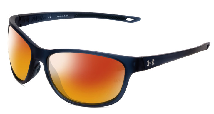 Profile View of Under Armour Undeniable Designer Polarized Sunglasses with Custom Cut Red Mirror Lenses in Matte Steel Blue Crystal Unisex Oval Full Rim Acetate 61 mm
