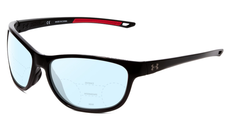 Profile View of Under Armour Undeniable Designer Progressive Lens Blue Light Blocking Eyeglasses in Black Red Unisex Oval Full Rim Acetate 61 mm with Blue Light Zone functionality illustration laid over the lens