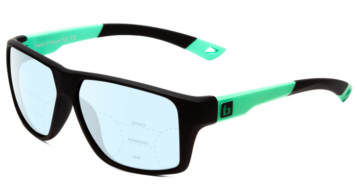 Profile View of Bolle Brecken Floatable Designer Progressive Lens Blue Light Blocking Eyeglasses in Matte Black Mint Green Unisex Square Full Rim Acetate 57 mm with Blue Light Zone functionality illustration laid over the lens