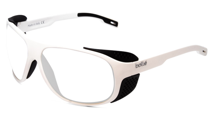 Profile View of Bolle Graphite Designer Bi-Focal Prescription Rx Eyeglasses in Matte White Black Side Shield Unisex Wrap Full Rim Acetate 64 mm