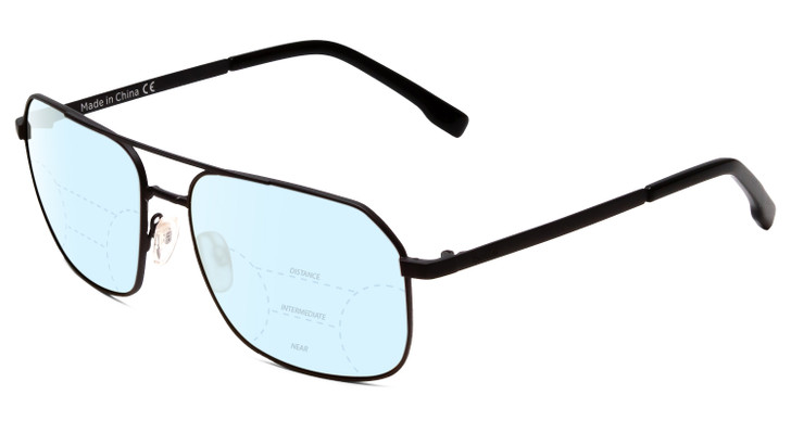 Profile View of Bolle Navis Designer Progressive Lens Blue Light Blocking Eyeglasses in Matte Gunmetal Black Unisex Square Full Rim Metal 58 mm with Blue Light Zone functionality illustration laid over the lens