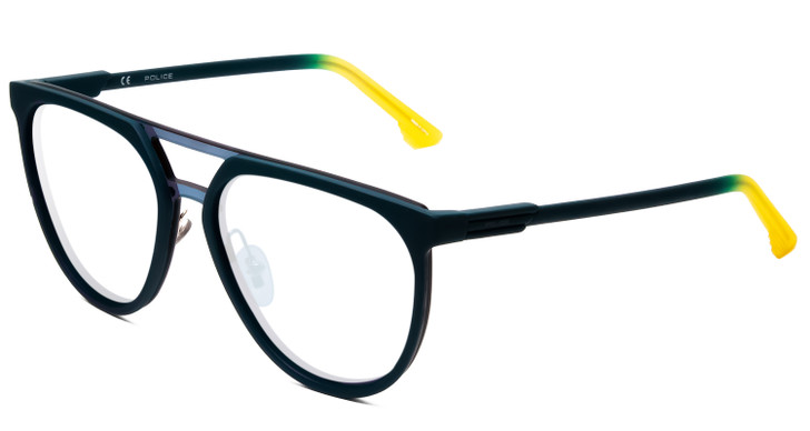 Profile View of Police SPL586 Designer Bi-Focal Prescription Rx Eyeglasses in Green Marine Yellow Unisex Square Full Rim Acetate 57 mm