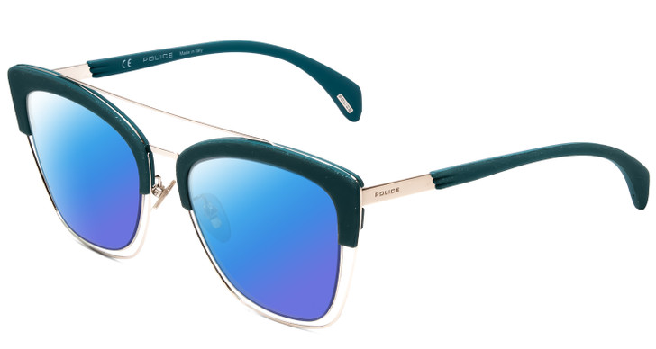 Profile View of Police SPL618 Designer Polarized Sunglasses with Custom Cut Blue Mirror Lenses in Teal Blue Crystal Glitter Ladies Cateye Full Rim Metal 54 mm