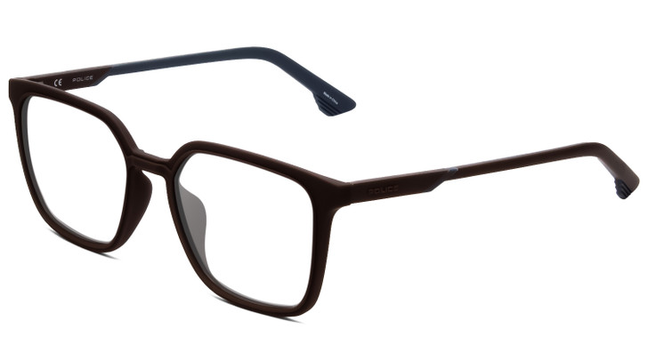 Profile View of Police SPL769 Designer Single Vision Prescription Rx Eyeglasses in Matte Brown Blue Unisex Square Full Rim Acetate 54 mm