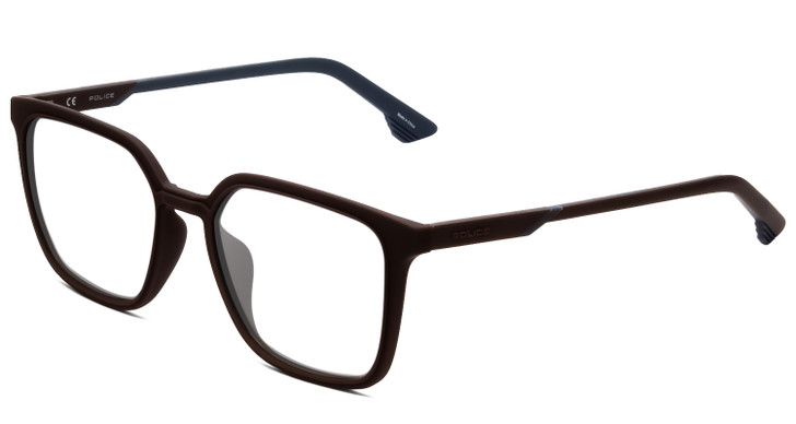 Profile View of Police SPL769 Designer Progressive Lens Prescription Rx Eyeglasses in Matte Brown Blue Unisex Square Full Rim Acetate 54 mm