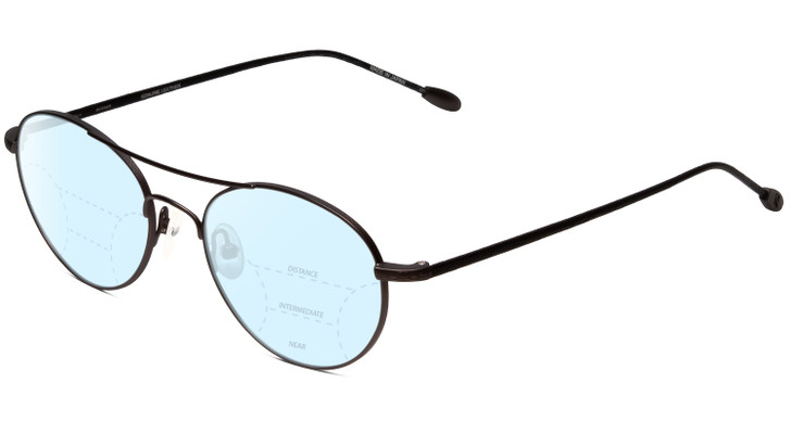 Profile View of John Varvatos V158 Designer Progressive Lens Blue Light Blocking Eyeglasses in Gunmetal Black Leather Unisex Round Full Rim Metal 51 mm with Blue Light Zone functionality illustration laid over the lens