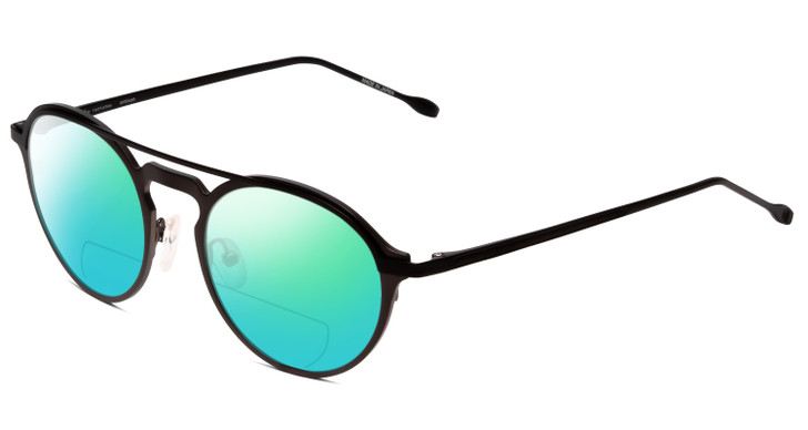 Profile View of John Varvatos V160 Designer Polarized Reading Sunglasses with Custom Cut Powered Green Mirror Lenses in Gunmetal Silver Black Unisex Round Full Rim Metal 50 mm