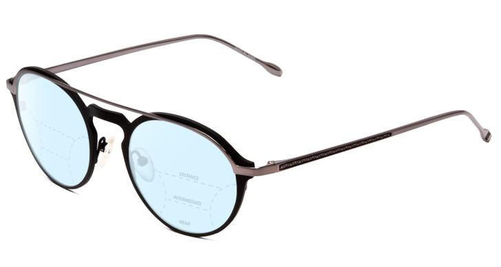 Profile View of John Varvatos V160 Designer Progressive Lens Blue Light Blocking Eyeglasses in Matte Black Silver Unisex Round Full Rim Metal 50 mm with Blue Light Zone functionality illustration laid over the lens