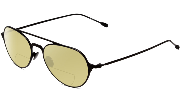 Profile View of John Varvatos V164 Designer Polarized Reading Sunglasses with Custom Cut Powered Sun Flower Yellow Lenses in Black Unisex Aviator Full Rim Metal 53 mm