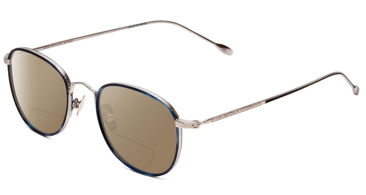 Profile View of John Varvatos V178 Designer Polarized Reading Sunglasses with Custom Cut Powered Amber Brown Lenses in Satin Blue Silver Unisex Round Full Rim Metal 49 mm