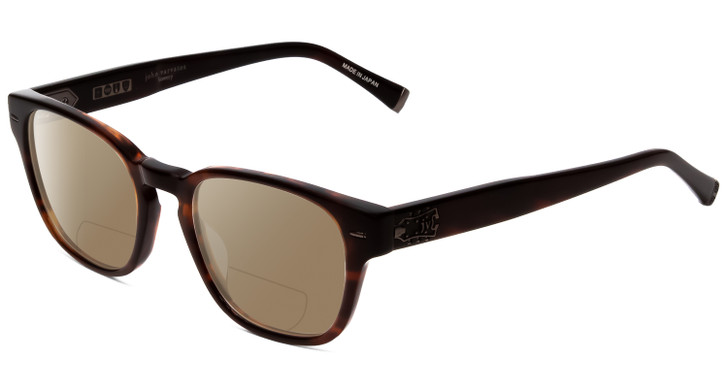 Profile View of John Varvatos V369 Designer Polarized Reading Sunglasses with Custom Cut Powered Amber Brown Lenses in Brown Caramel Marble Unisex Classic Full Rim Acetate 51 mm