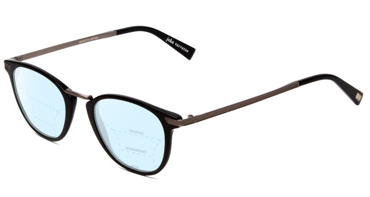 Profile View of John Varvatos V372 Designer Progressive Lens Blue Light Blocking Eyeglasses in Black Silver Unisex Round Full Rim Metal 48 mm with Blue Light Zone functionality illustration laid over the lens