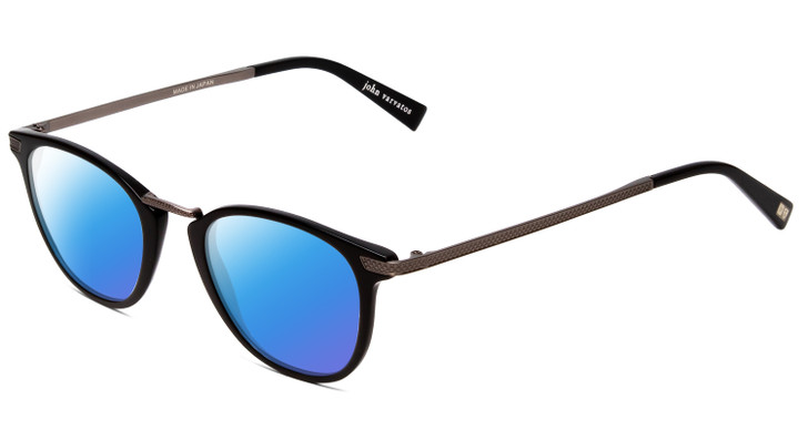 Profile View of John Varvatos V372 Designer Polarized Sunglasses with Custom Cut Blue Mirror Lenses in Black Silver Unisex Round Full Rim Metal 48 mm