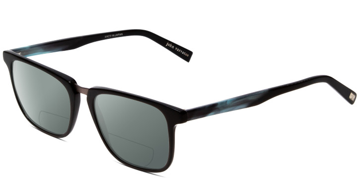 Profile View of John Varvatos V373 Designer Polarized Reading Sunglasses with Custom Cut Powered Smoke Grey Lenses in Black Marble Blue Unisex Square Full Rim Acetate 54 mm