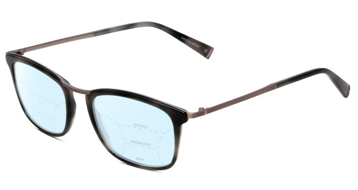 Profile View of John Varvatos V375 Designer Progressive Lens Blue Light Blocking Eyeglasses in Smoke Grey Marble Black Silver Unisex Classic Full Rim Acetate 53 mm with Blue Light Zone functionality illustration laid over the lens