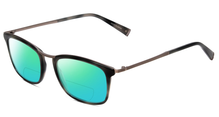 Profile View of John Varvatos V375 Designer Polarized Reading Sunglasses with Custom Cut Powered Green Mirror Lenses in Smoke Grey Marble Black Silver Unisex Classic Full Rim Acetate 53 mm