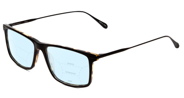 Profile View of John Varvatos V403 Designer Progressive Lens Blue Light Blocking Eyeglasses in Tortoise Havana Brown Gold Black Unisex Square Full Rim Acetate 56 mm with Blue Light Zone functionality illustration laid over the lens