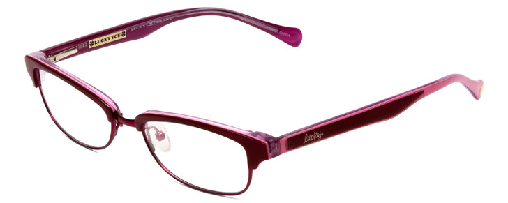 Profile View of Lucky Brand ZUMA Designer Single Vision Prescription Rx Eyeglasses in Red Candy Crystal Pink Ladies Cateye Semi-Rimless Acetate 51 mm