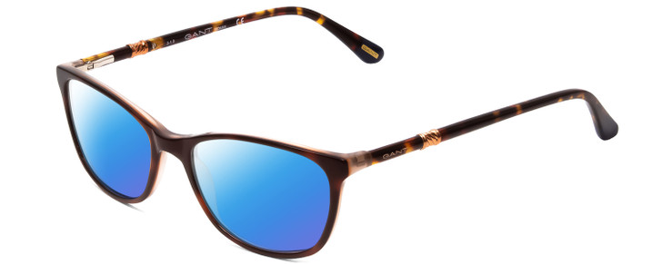 Profile View of GANT GA4082 Designer Polarized Sunglasses with Custom Cut Blue Mirror Lenses in Tortoise Havana Brown Gold Ladies Cateye Full Rim Acetate 52 mm