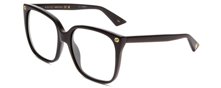 Profile View of GUCCI GG0022S Designer Reading Eye Glasses with Custom Cut Powered Lenses in Gloss Black Gold Logo Ladies Cateye Full Rim Acetate 57 mm