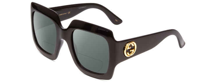 Profile View of GUCCI GG0053S Designer Polarized Reading Sunglasses with Custom Cut Powered Smoke Grey Lenses in Gloss Black Gold Logo Ladies Oversized Full Rim Acetate 54 mm