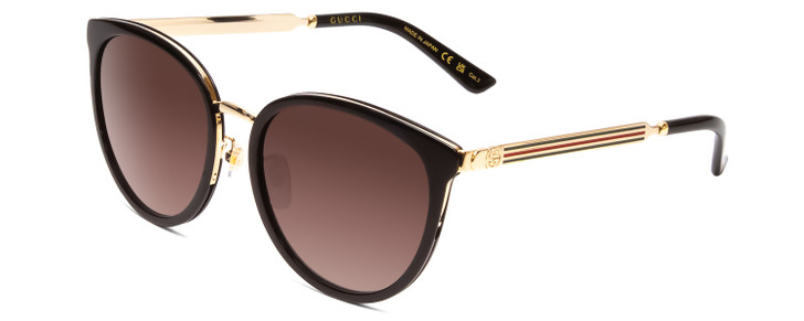 Profile View of GUCCI GG0077SK Ladies Cateye Sunglasses Black Gold Logo/Grey Smoke Gradient 56mm