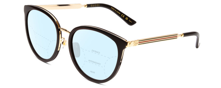 Profile View of GUCCI GG0077SK Designer Progressive Lens Blue Light Blocking Eyeglasses in Gloss Black Gold Logo Ladies Cateye Full Rim Acetate 56 mm with Blue Light Zone functionality illustration laid over the lens