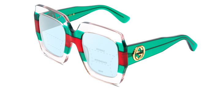 Profile View of GUCCI GG0178S Designer Progressive Lens Blue Light Blocking Eyeglasses in Crystal Green Red Gold Logo Ladies Oversized Full Rim Acetate 54 mm with Blue Light Zone functionality illustration laid over the lens