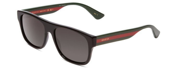 Profile View of GUCCI GG0341S Unisex Retro Sunglasses Black Red Stripe Green/Polarized Grey 56mm