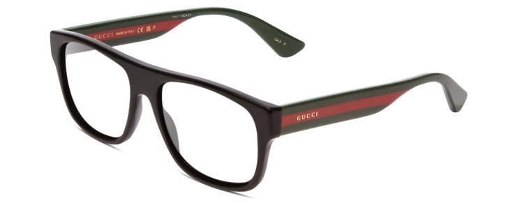 Profile View of GUCCI GG0341S Designer Reading Eye Glasses with Custom Cut Powered Lenses in Gloss Black Red Stripe Green Gold Unisex Retro Full Rim Acetate 56 mm