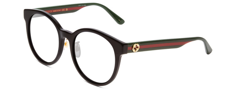 Profile View of GUCCI GG0416SK Designer Reading Eye Glasses with Custom Cut Powered Lenses in Gloss Black Red Stripe Green Gold Ladies Round Full Rim Acetate 55 mm