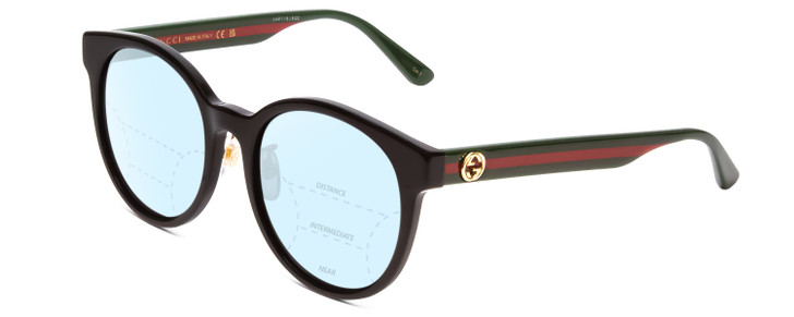 Profile View of GUCCI GG0416SK Designer Progressive Lens Blue Light Blocking Eyeglasses in Gloss Black Red Stripe Green Gold Ladies Round Full Rim Acetate 55 mm with Blue Light Zone functionality illustration laid over the lens