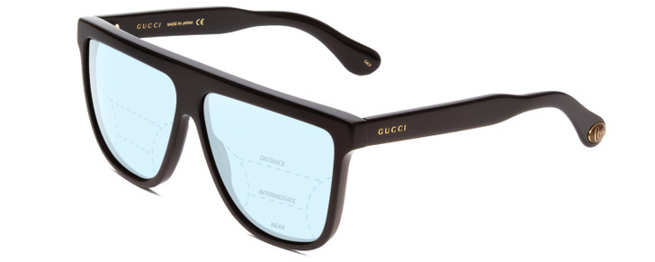 Profile View of GUCCI GG0582S Designer Progressive Lens Blue Light Blocking Eyeglasses in Gloss Black Gold Logo Mens Square Full Rim Acetate 61 mm with Blue Light Zone functionality illustration laid over the lens